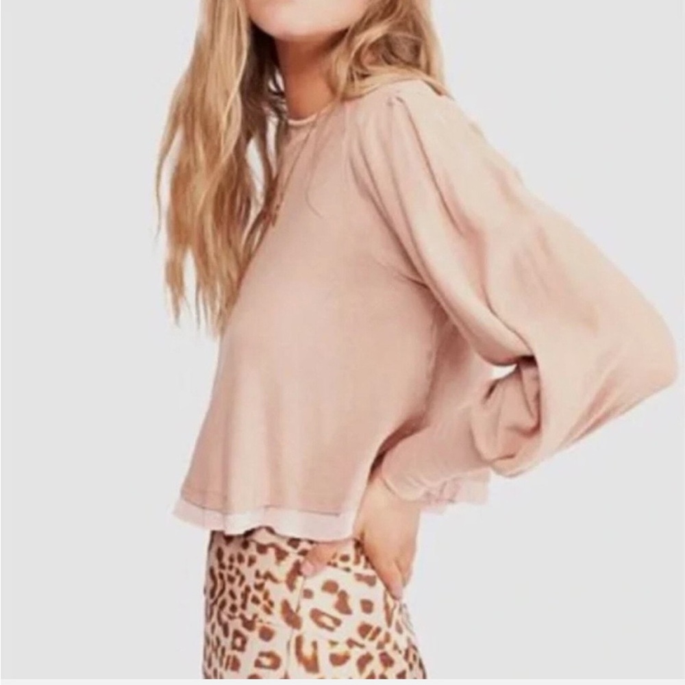 FREE PEOPLE Long Sleeve Ribbed Blouson Sleeve Top Pale Pink XS
